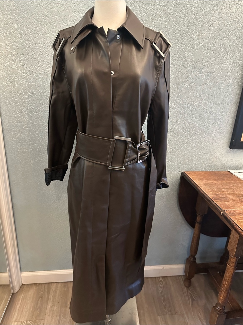 Stine Goya XS Women's Chocolate Brown Faux Leather Trench Coat with Belt